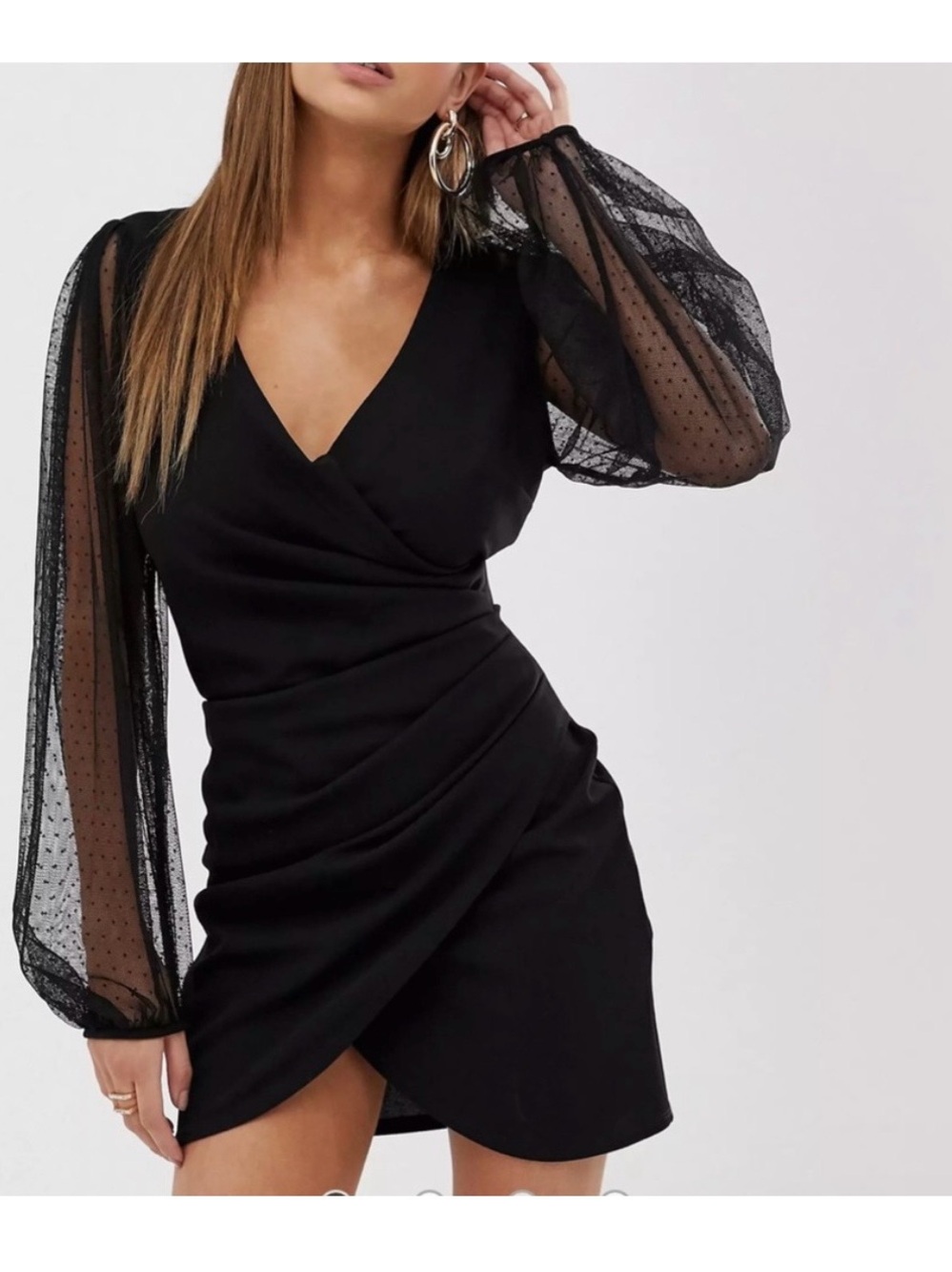 ASOS Black Wrap Mini Dress with Sheer Dot Balloon Sleeves - Dobby mini dress